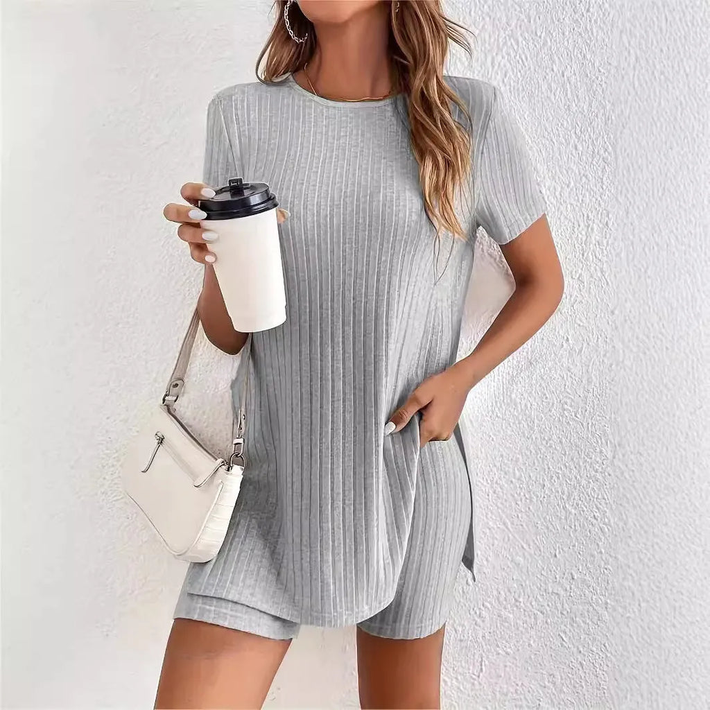Women's black cotton crew neck short sleeve top and shorts lounge set on hanger