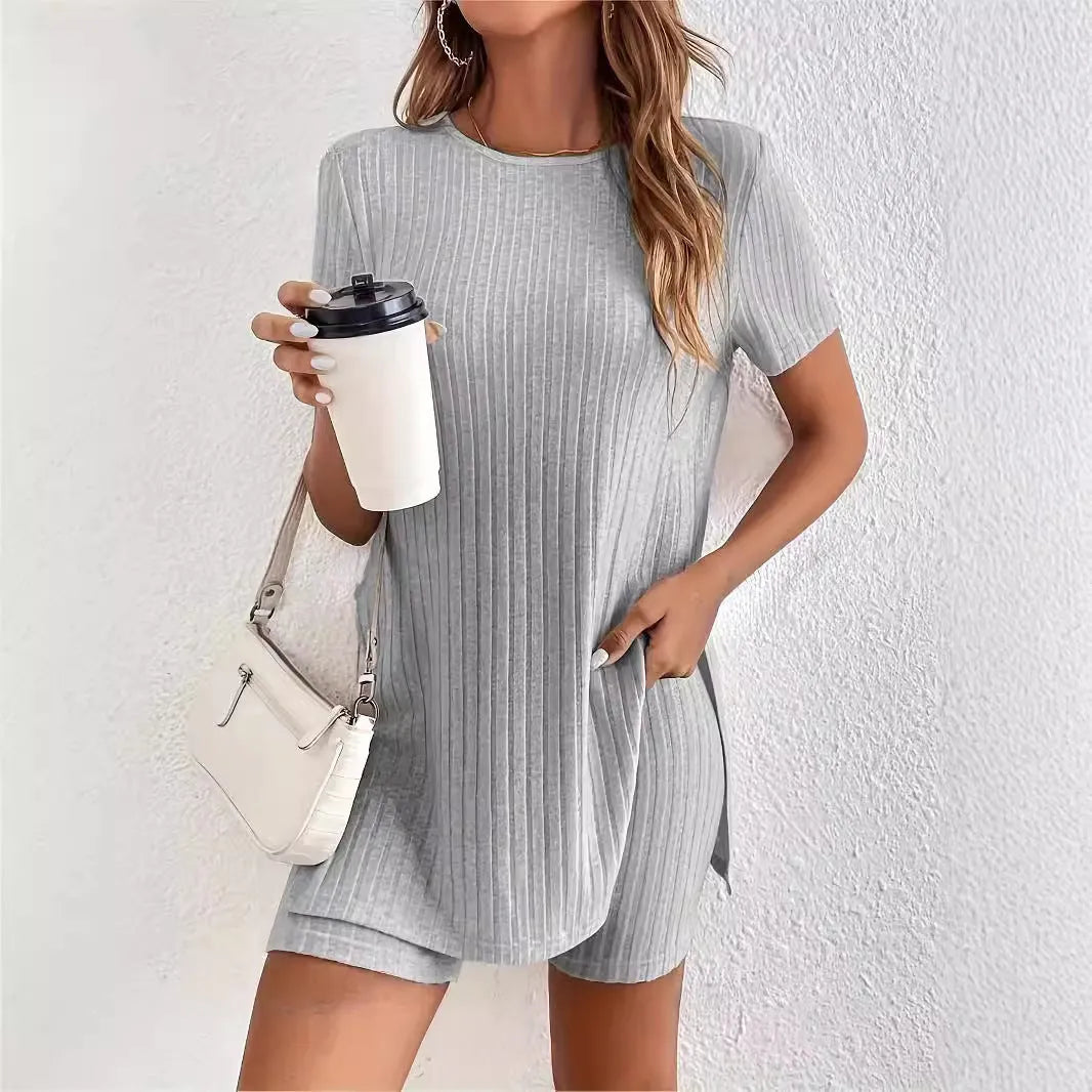 Women's black cotton crew neck short sleeve top and shorts lounge set on hanger