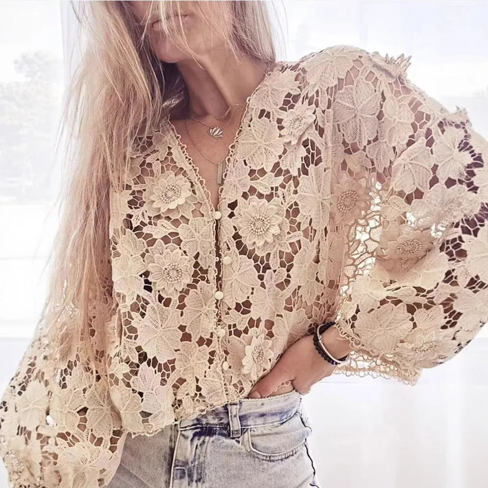 Women's black lace flower embroidered V-neck cardigan with loose fit and long sleeves