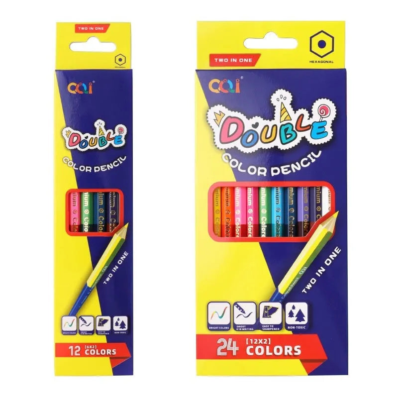 Set of wooden double-headed colouring pencils showing two colour leads on each pencil