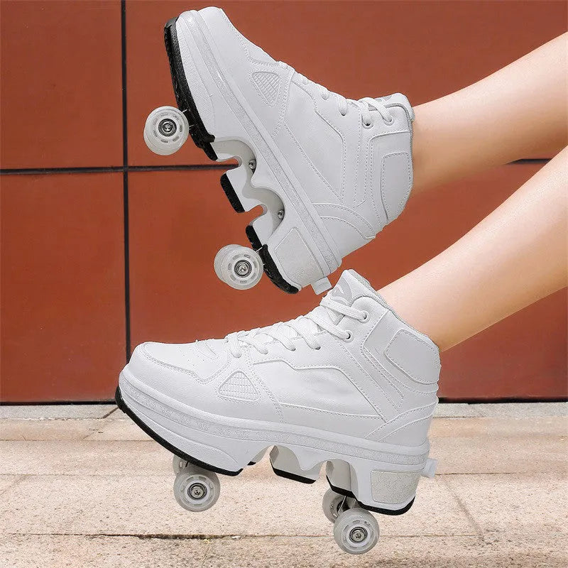 Kids double row wheel sneakers with retractable PU wheels, sizes 34-43, five colours