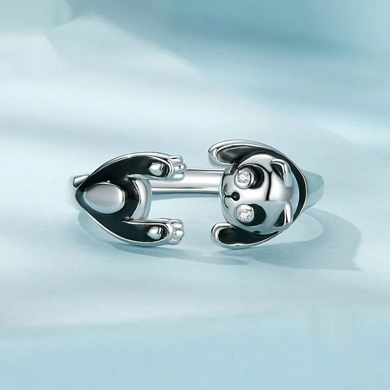 Sterling silver adjustable panda open ring bracelet with white gold plating and cute animal charm