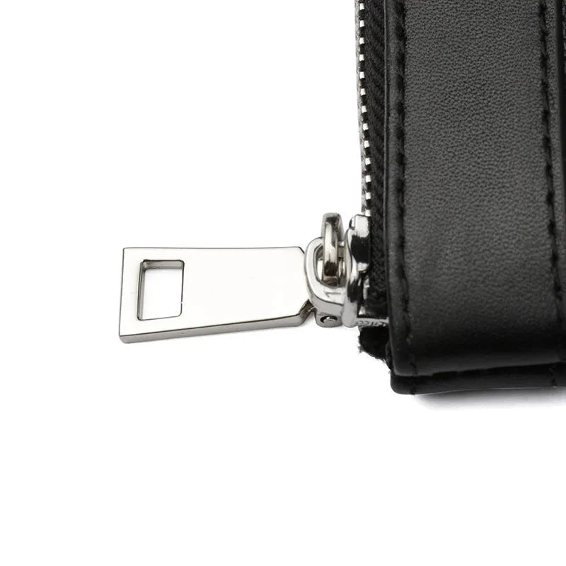 Black men's leather plaid clutch wallet showing first layer cowhide construction with 20x10cm dimensions