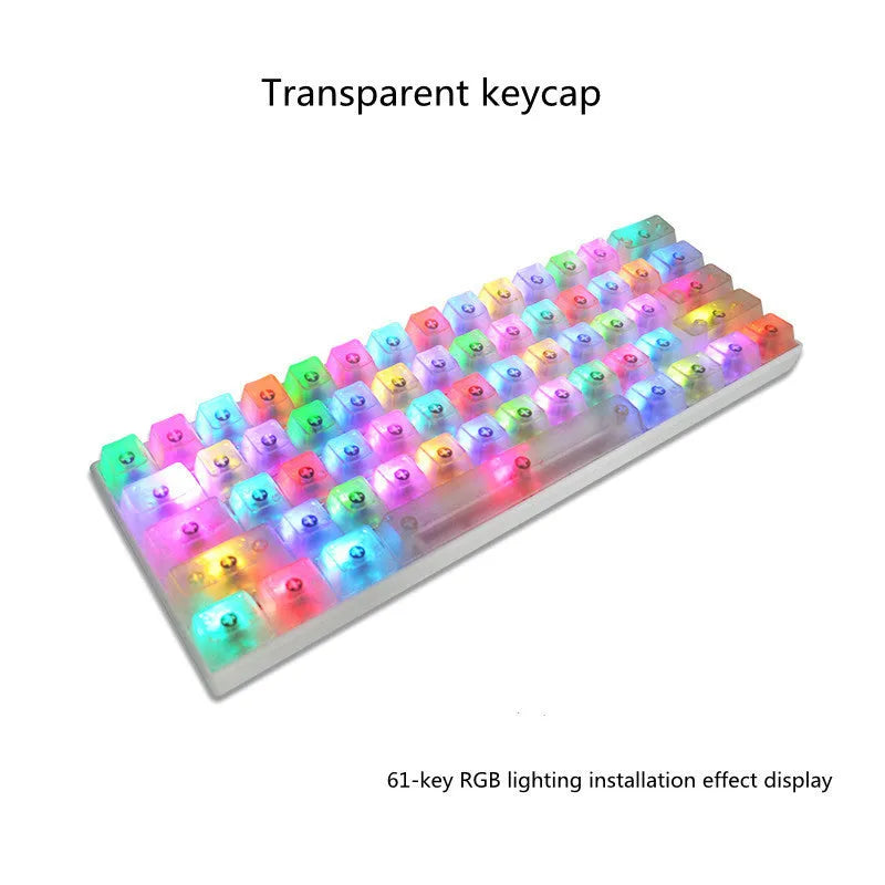 Set of 104 transparent PBT mechanical keyboard keycaps in orange, white, blue, and black colours.