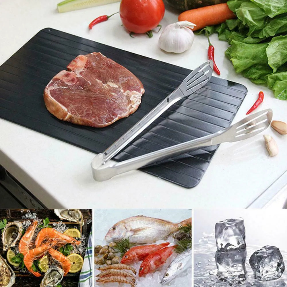 Black rectangular aluminium fast defrost tray for thawing frozen meat and food