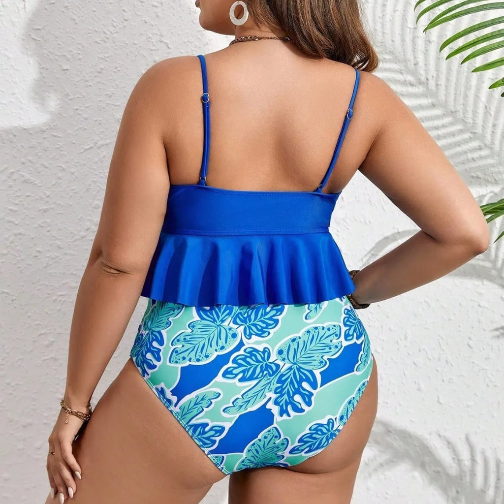 Blue polyester two-piece bikini swimsuit set in briefs style for plus sizes.