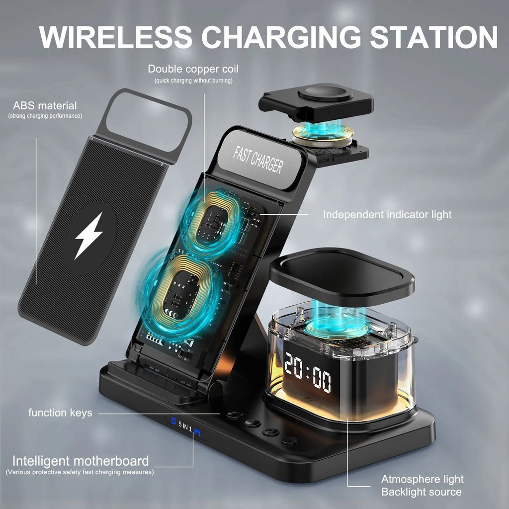 Black wireless charging stand three-in-one folding bracket with smartphone placed on angled charging pad