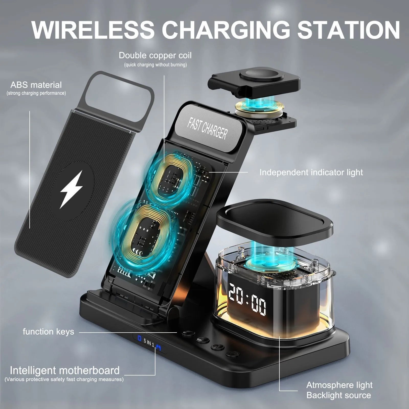 Black wireless charging stand three-in-one folding bracket with smartphone placed on angled charging pad