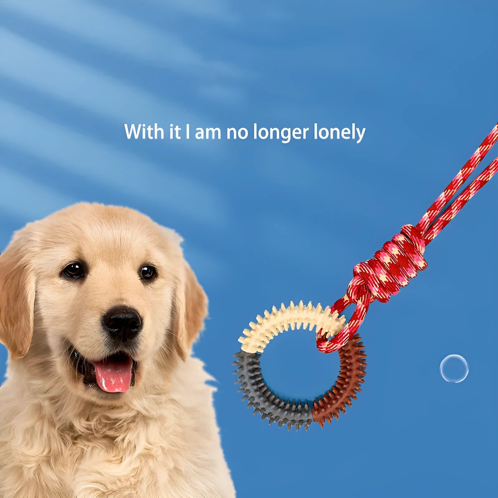 Blue braided rope dog toy with knot design measuring 43cm in length