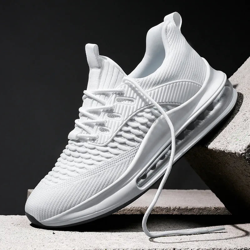 Men's low-top black mesh running shoes with rubber sole and lace-up front