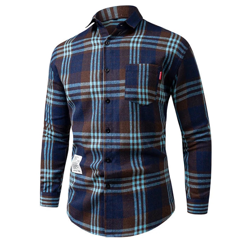Men's loose-fit long-sleeved polyester plaid shirt in brown grid, Korean-style spring cardigan
