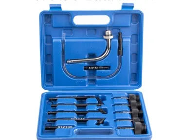 13-piece automatic transmission oil refuelling connector kit with various adaptors on a white background.