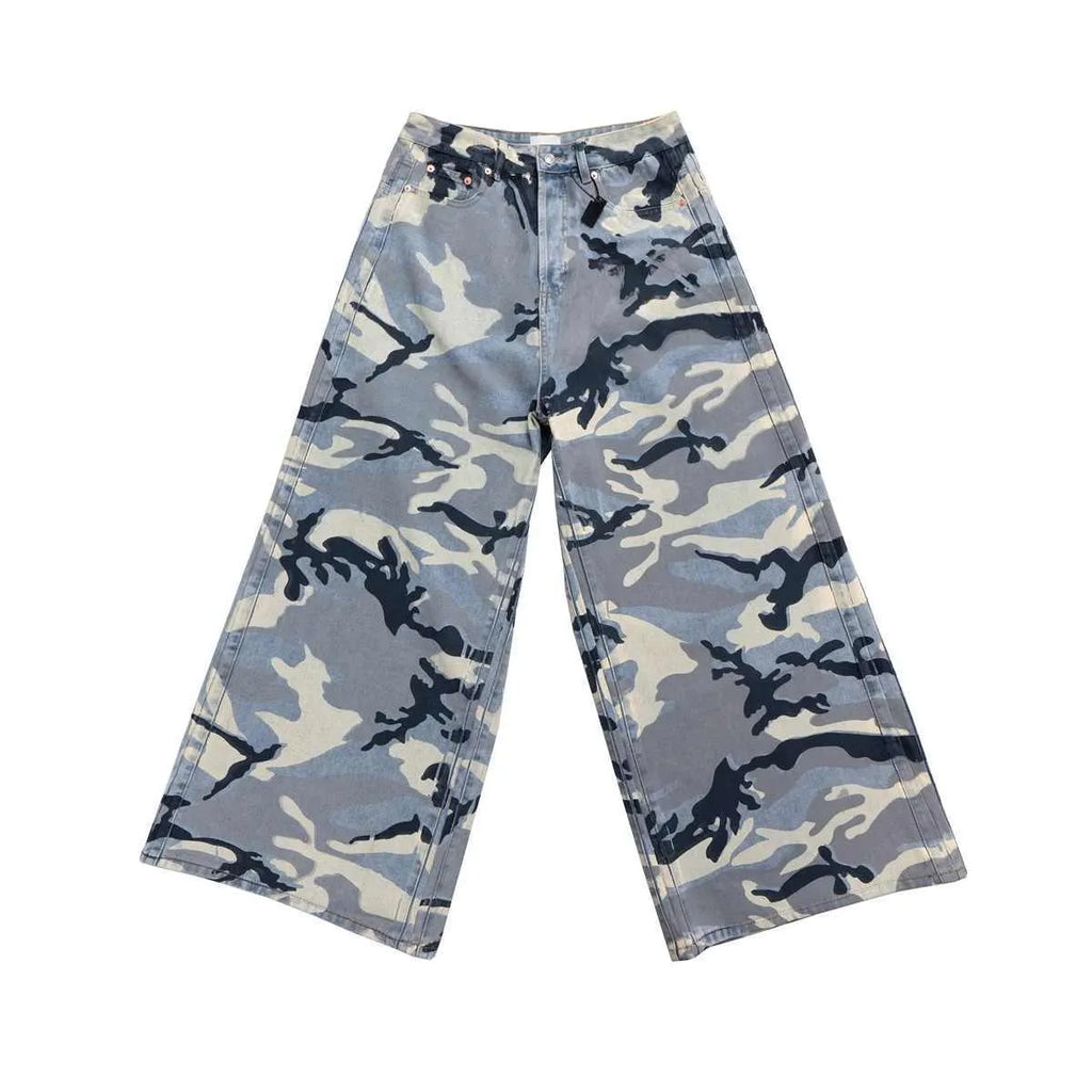Snow camouflage blue loose fit jeans for men and women in cotton denim with micro-elastic fabric