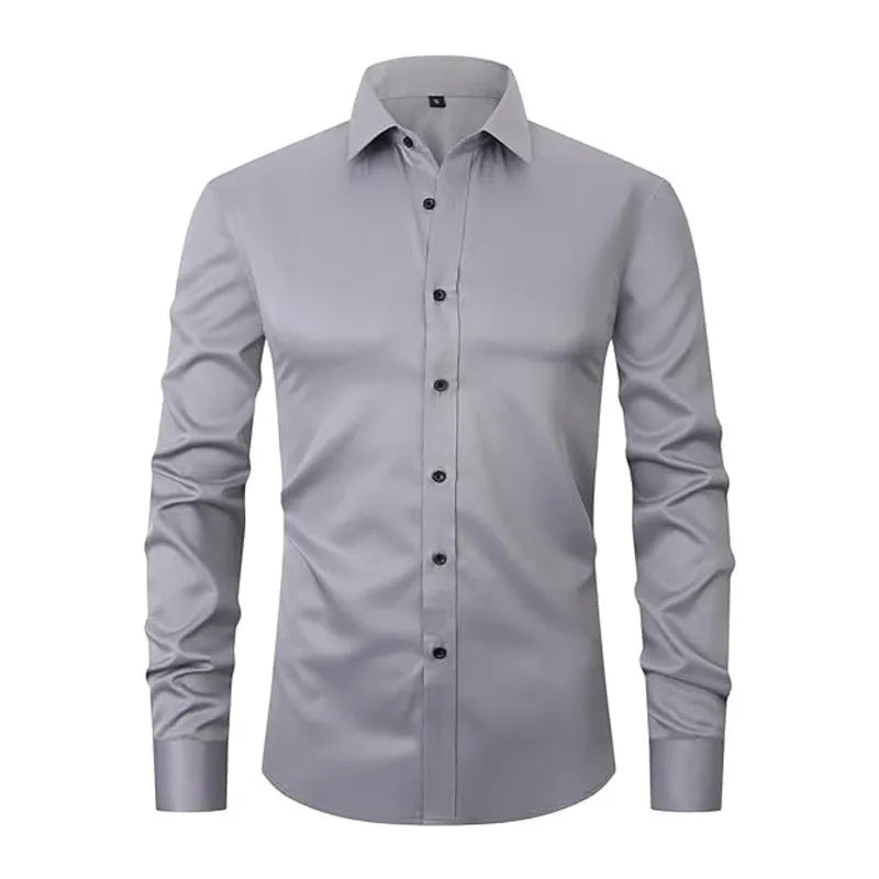 Men's solid colour stretch long sleeve work shirt made from polyester fabric on a hanger.