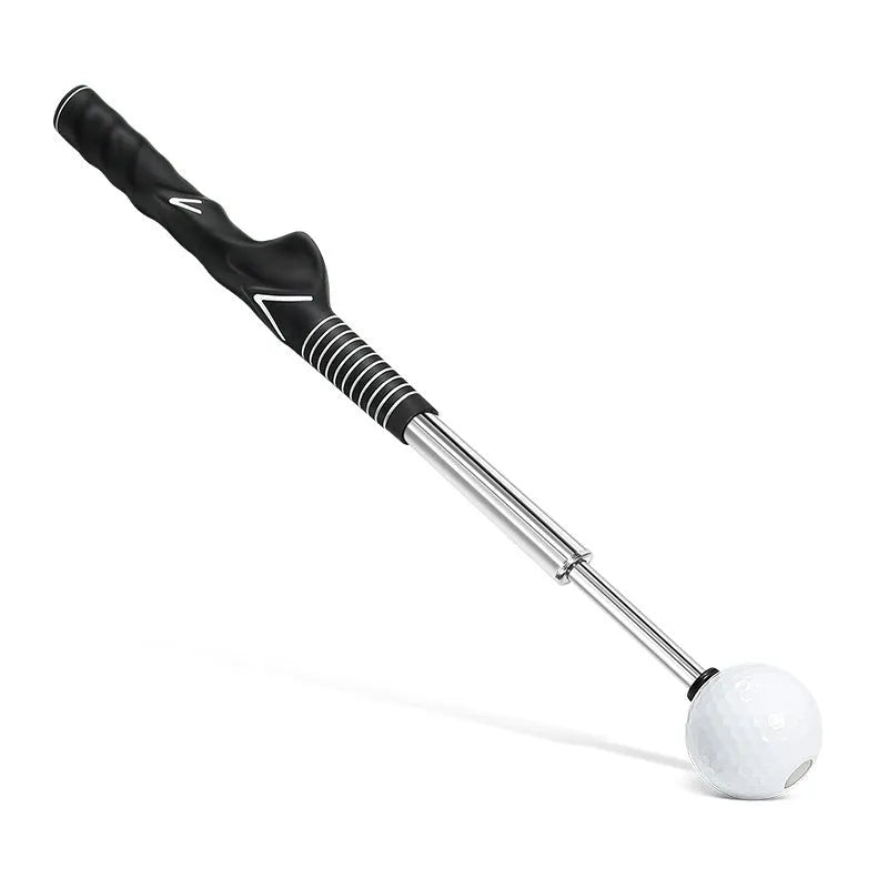 Telescopic stainless steel golf swing trainer shown extended, in black colour.
