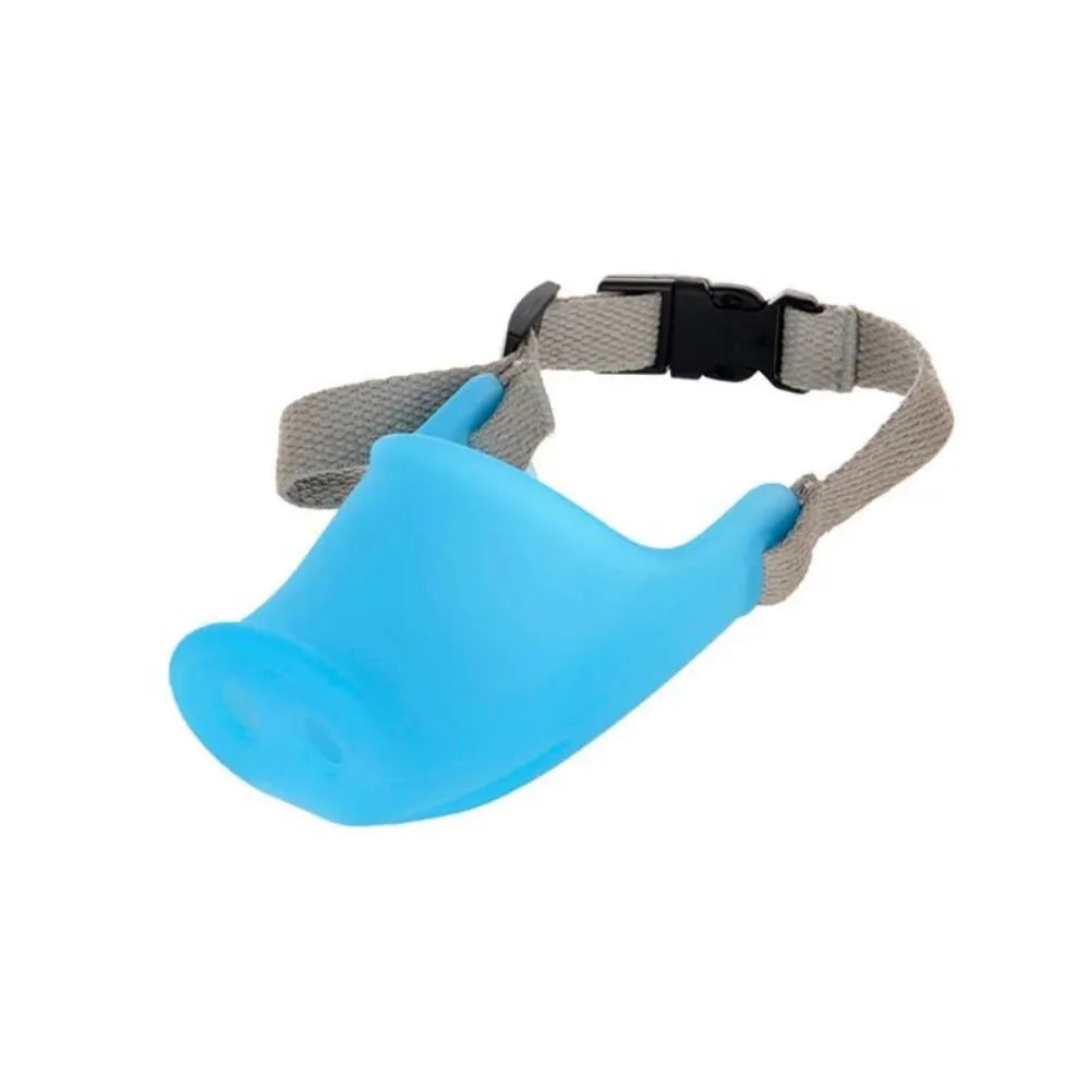 Blue and green silicone dog anti-bite mouth covers shown in large and small sizes.