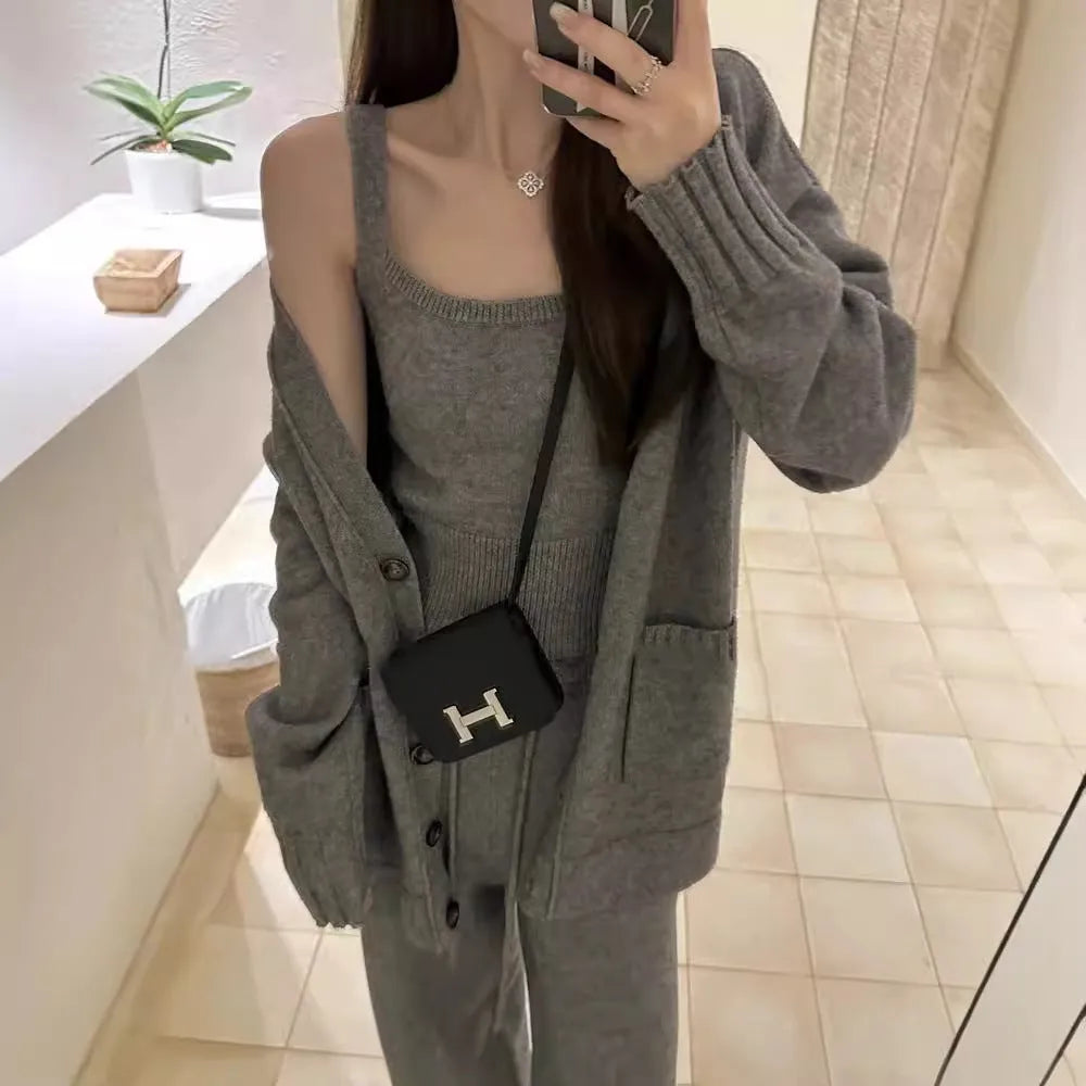Women's knit cardigan vest and suspender trousers three-piece set in solid colour wool blend fabric