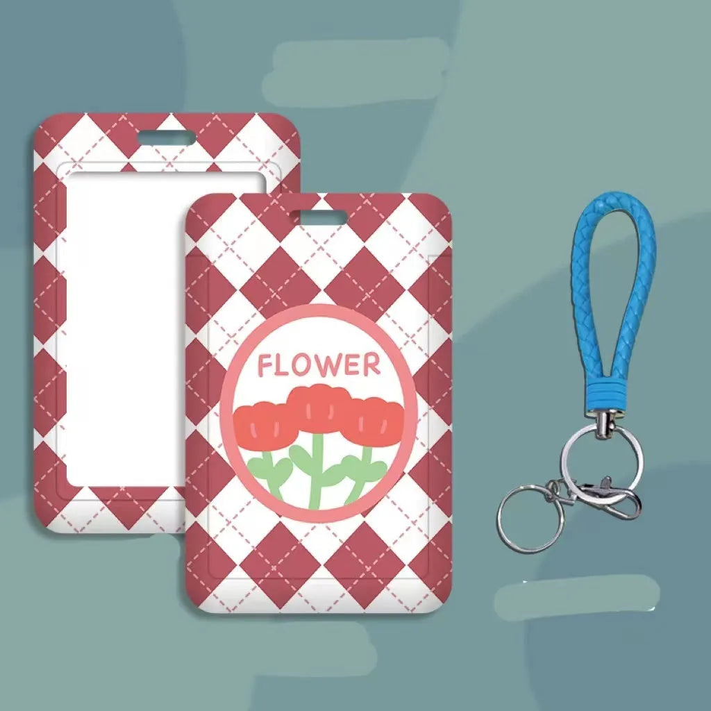 Student ID card hanging neck strap with plastic sleeve in cartoon bear and flower designs