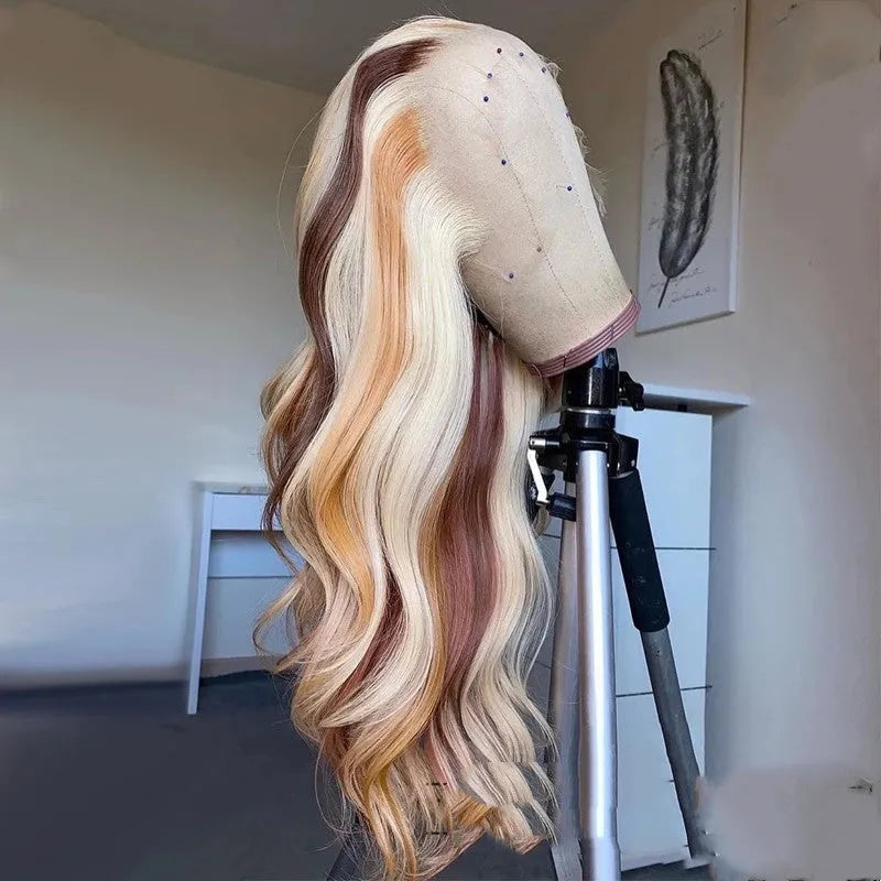 100% human hair body wave lace front wig with blonde highlights and 13X4 lace