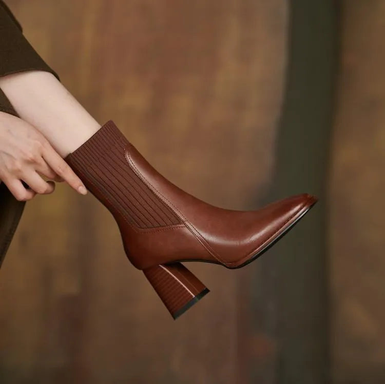Women's square toe vintage French chunky heel knitted stretch ankle boots in brown with artificial PU upper