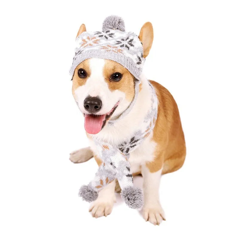 Japanese retro jacquard pet clothing set with sweater, hat, and scarf in grey and pink colour options
