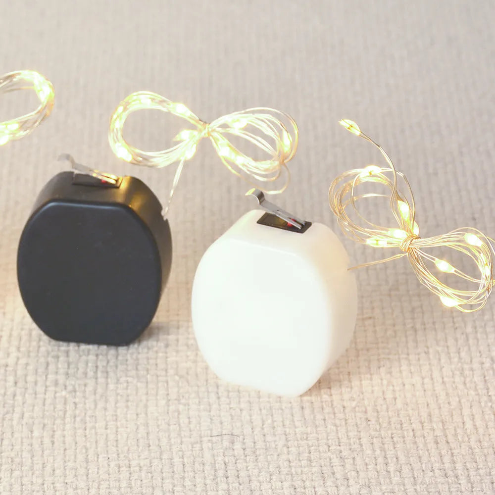 Copper wire LED light string with battery box showing flexible decorative lighting
