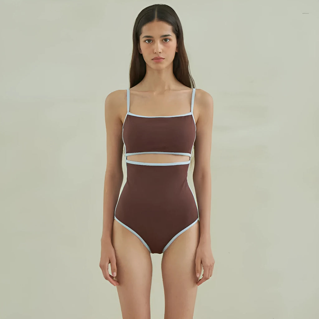 Brown women's one-piece triangle swimsuit showing front design on mannequin