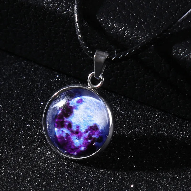 Time Stone Christmas Moon Night Sky pendant necklace with organic glass and luminous alloy on extension chain
