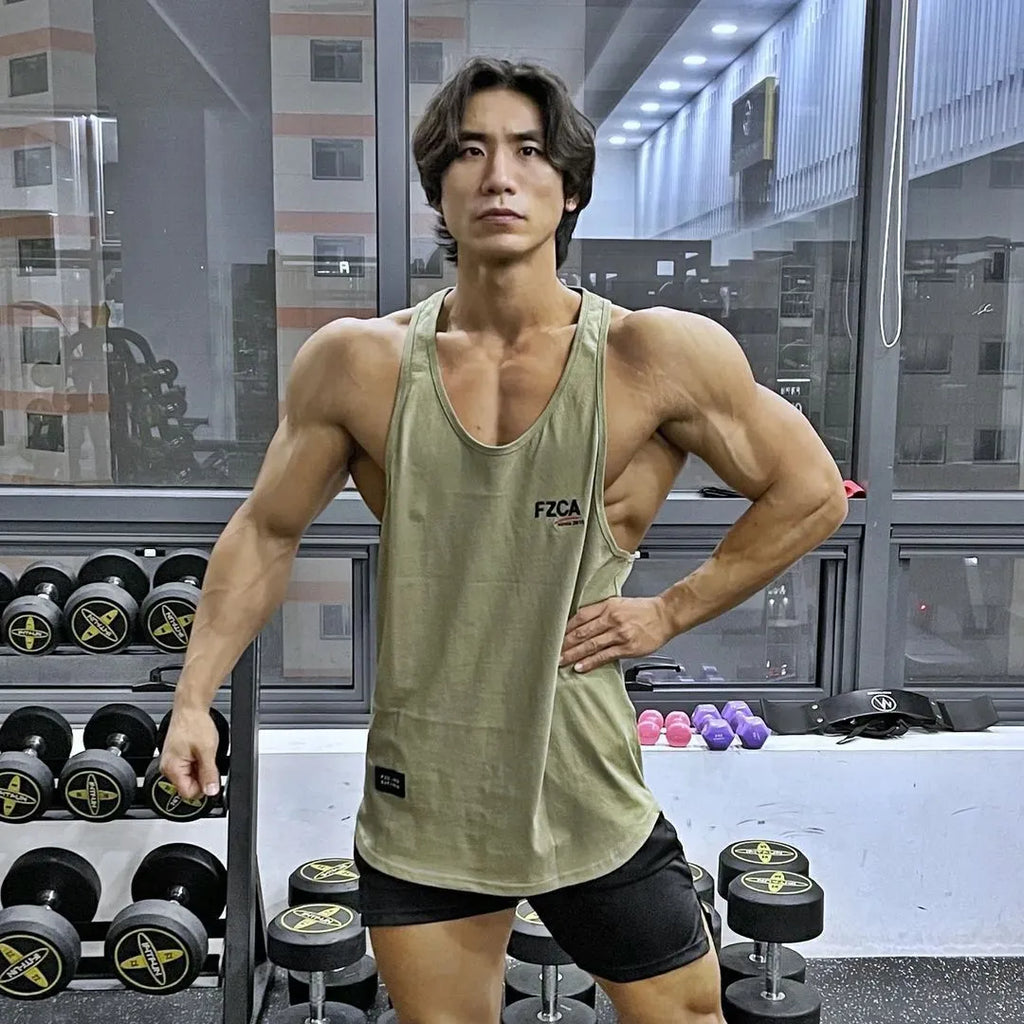 Men's cotton fitness vest for summer running and training in white, red, black, blue, or light green.