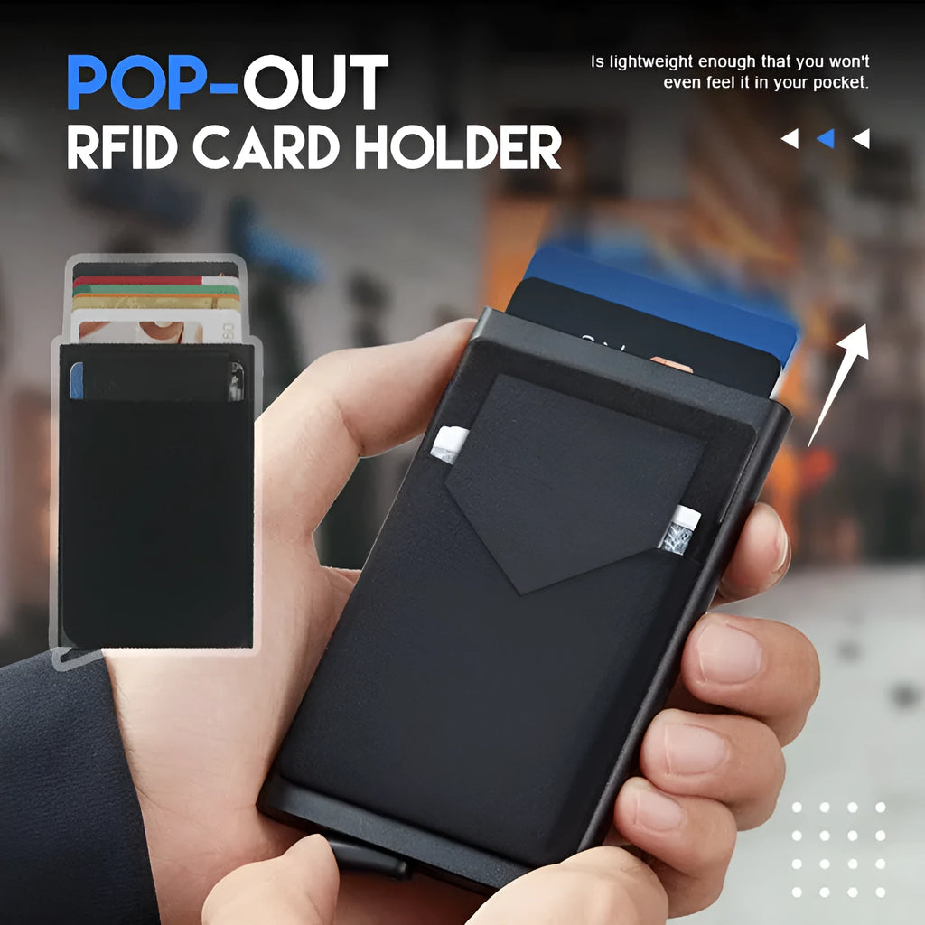Slim frosted aluminium alloy credit card holder in chosen colour, showing compact size.