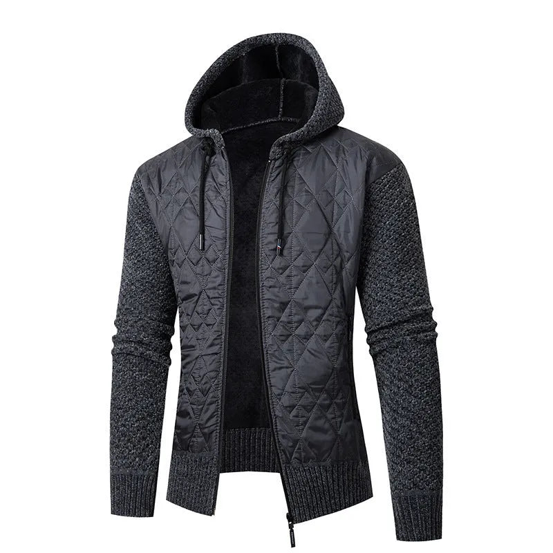 Men's gray hooded sweater coat with cinched waist in wool corduroy fabric