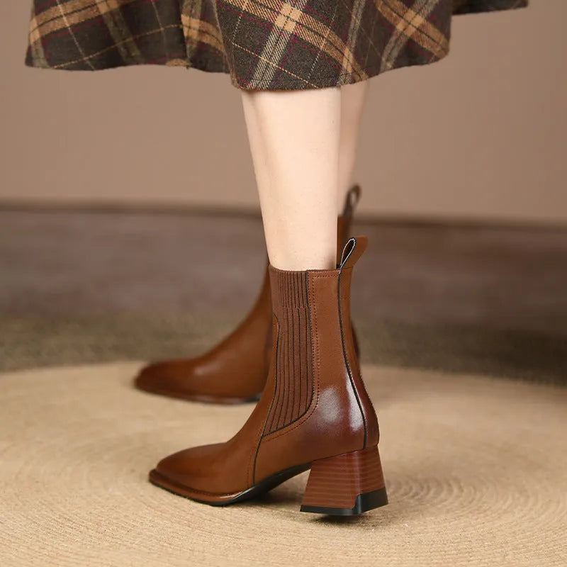 Women's square toe vintage French chunky heel knitted stretch ankle boots in brown with artificial PU upper