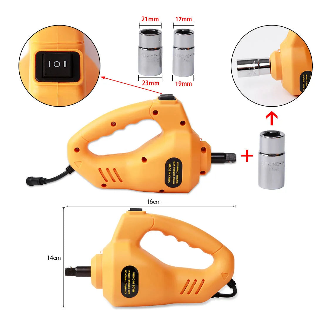 Yellow car electric jack set with electric wrench for vehicle lifting and maintenance