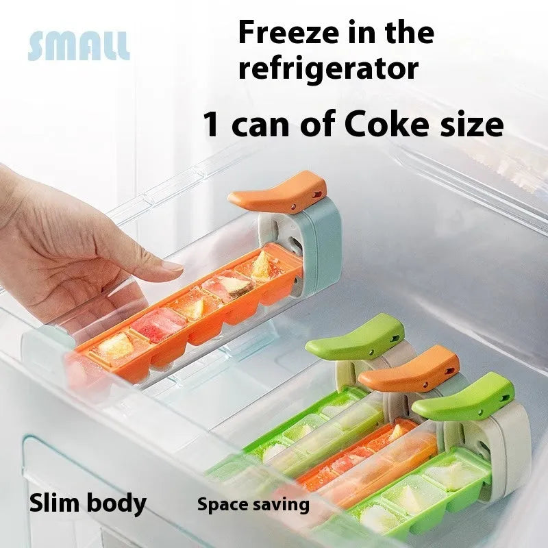 Food-grade plastic ice cube tray with one-press release mechanism and storage box in blue or white.