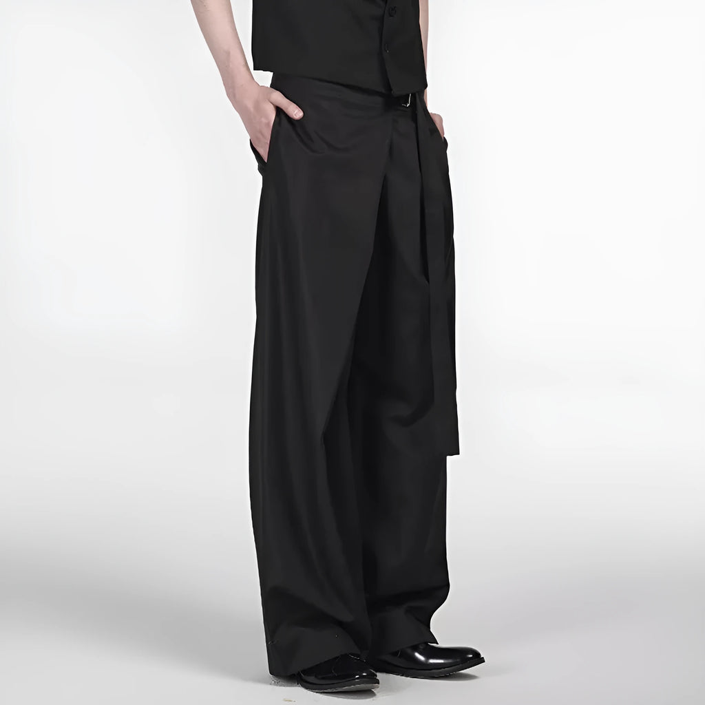 Black straight-leg trousers with adjustable waist and single pleat detailing