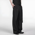 Black straight-leg trousers with adjustable waist and single pleat detailing