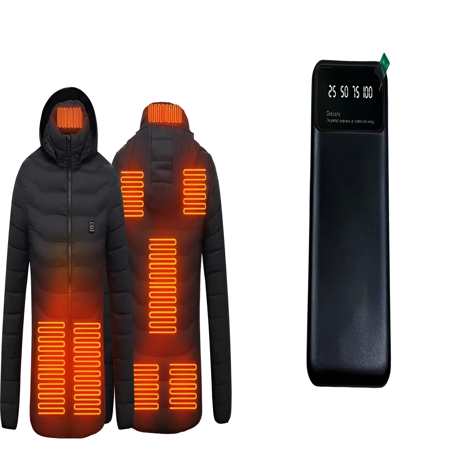 Smart 8-piece heating cotton-padded coat with 3-gear temperature control, black, hooded, for men and women, includes power bank