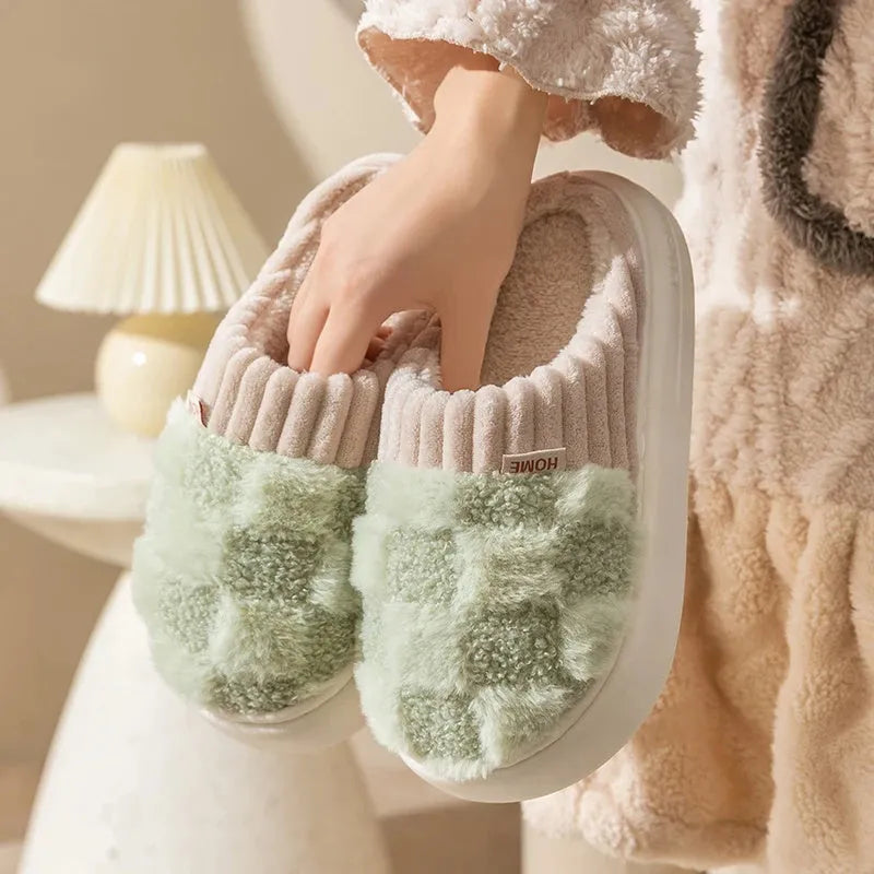 Women's plaid plush slippers with non-slip PVC soles in coffee, green, grey, pink or white colours