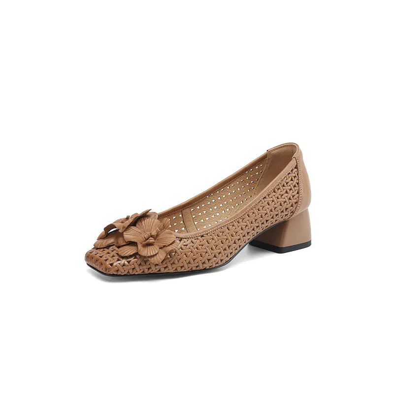 Women's light brown woven leather pumps with hollow pattern and mid-heel
