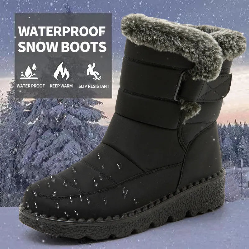 Waterproof winter snow boots with plush lining, rubber sole, Velcro fastening, grey black blue, sizes 35 to 44