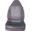 Black quilted automotive seat cover showing dimensional stitching pattern and plastic installation hooks