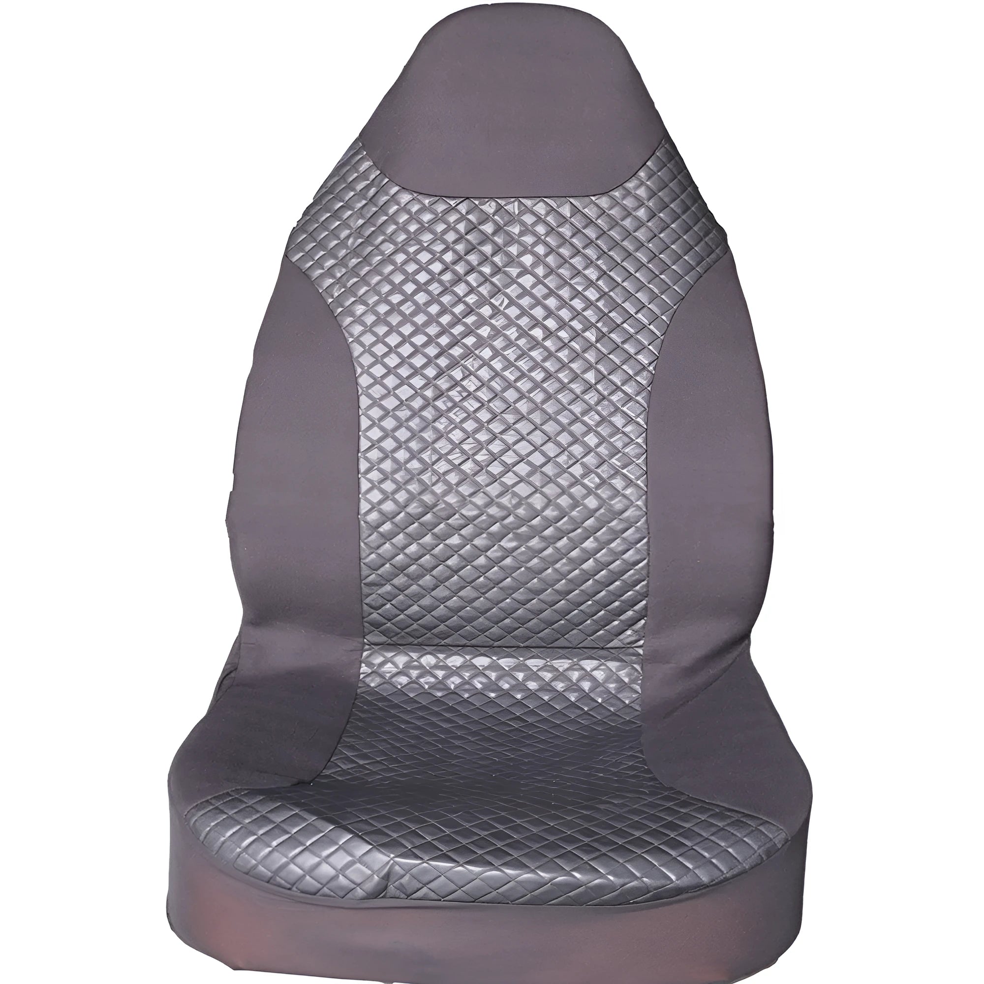 Black quilted automotive seat cover showing dimensional stitching pattern and plastic installation hooks