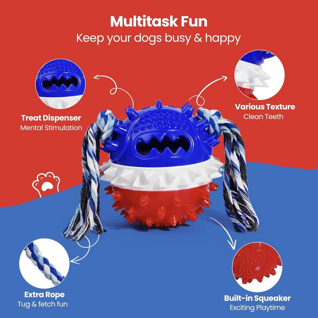 Blue and red TPR rubber dog chew toy with treat dispenser hole and squeaker for aggressive chewers