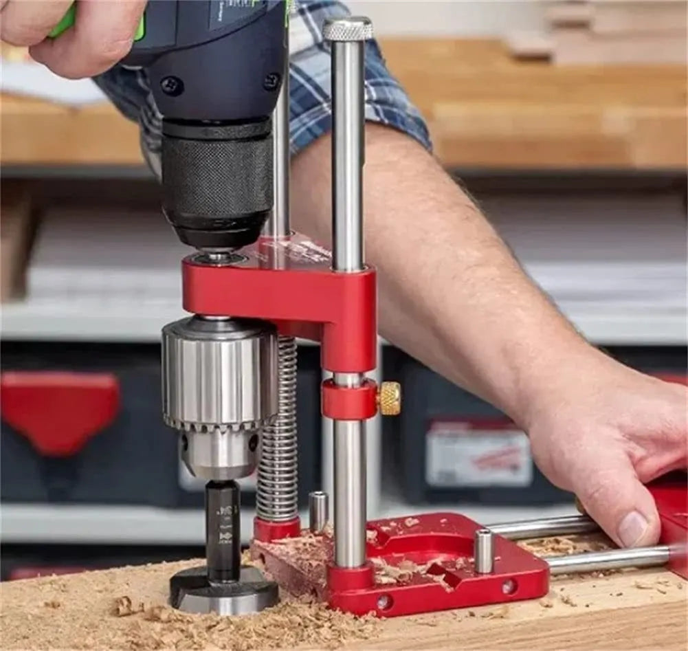 Woodworking drill locator with metal body and red or black plastic section for use on wood