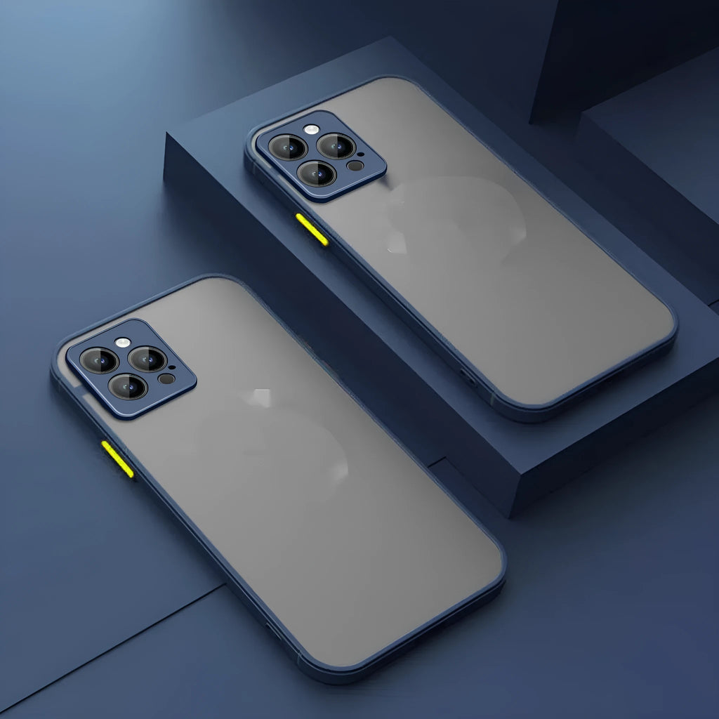 Frosted finish magnetic iPhone case shown in multiple colours on a table next to a phone
