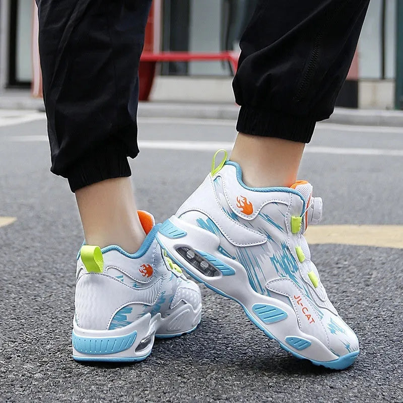 Children's rotating button basketball shoes in multiple colours with a synthetic leather upper and PU sole.