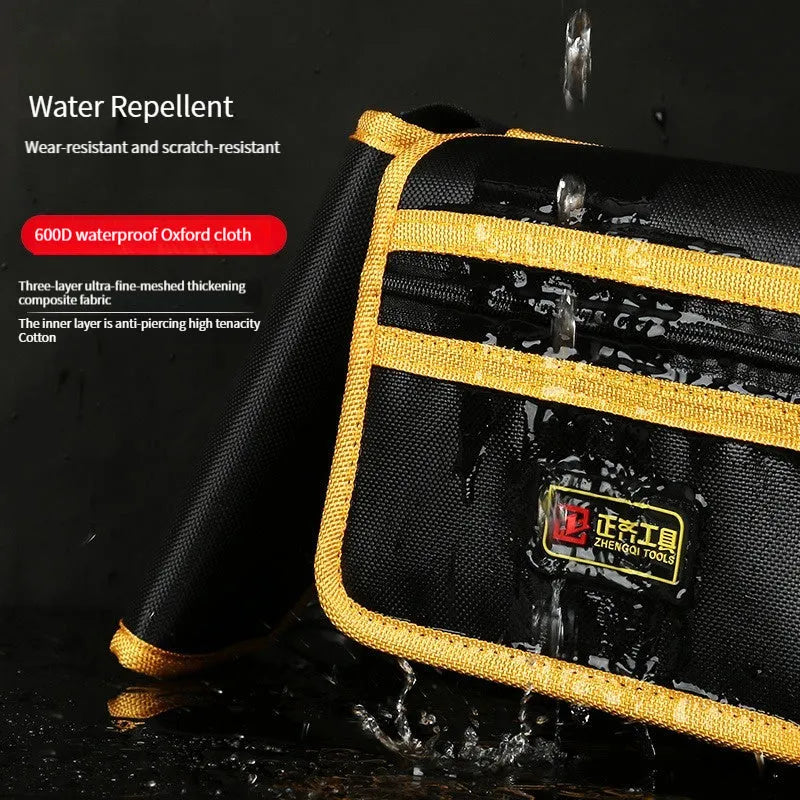 Yellow canvas electrician tool waist bag with belt and multi-function storage for small repair tools