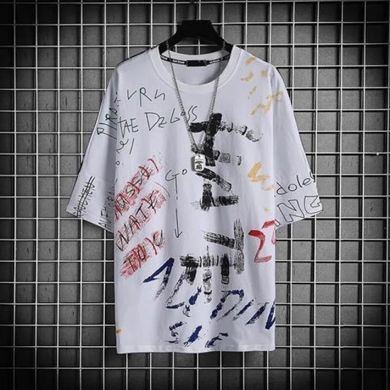 Men's loose fit polyester short sleeve hip hop top with print and contrast colour, sizes S to 3XL