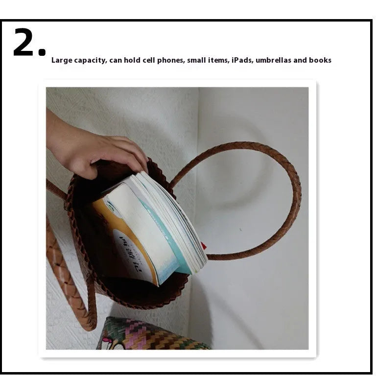 Bamboo handle woven basket handbag with dog design, large capacity PVC travel tote.