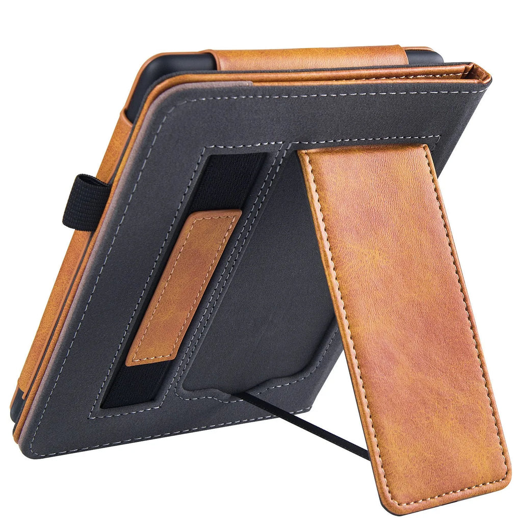 Kindle Paperwhite5 2021 leather case in various colours with an integrated wrist strap bracket.